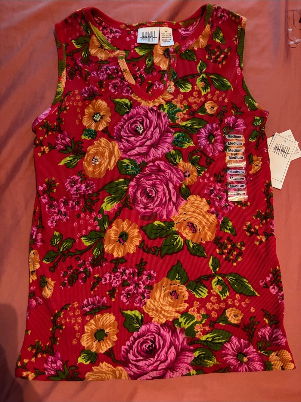 jason maxwell Red Floral Ribbed Tank with Pink and Yellow Roses
